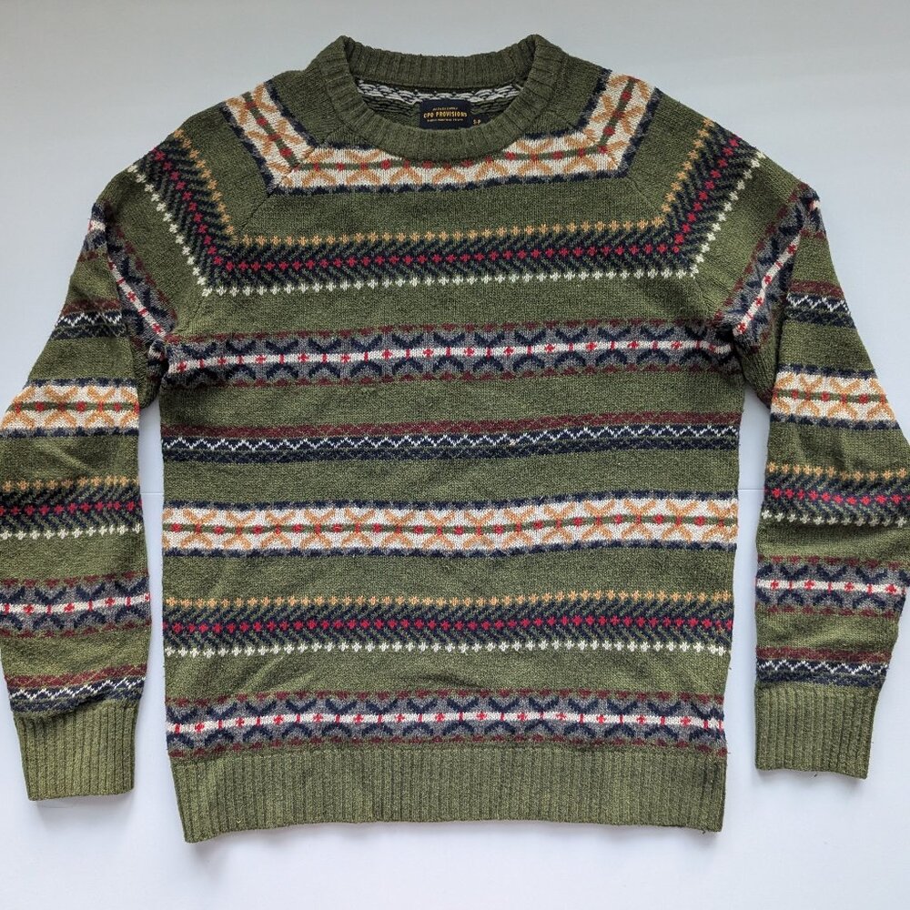 CPO Provisions Pine Green Fair Isle Sweater Mens Small Raglan lambswool blend